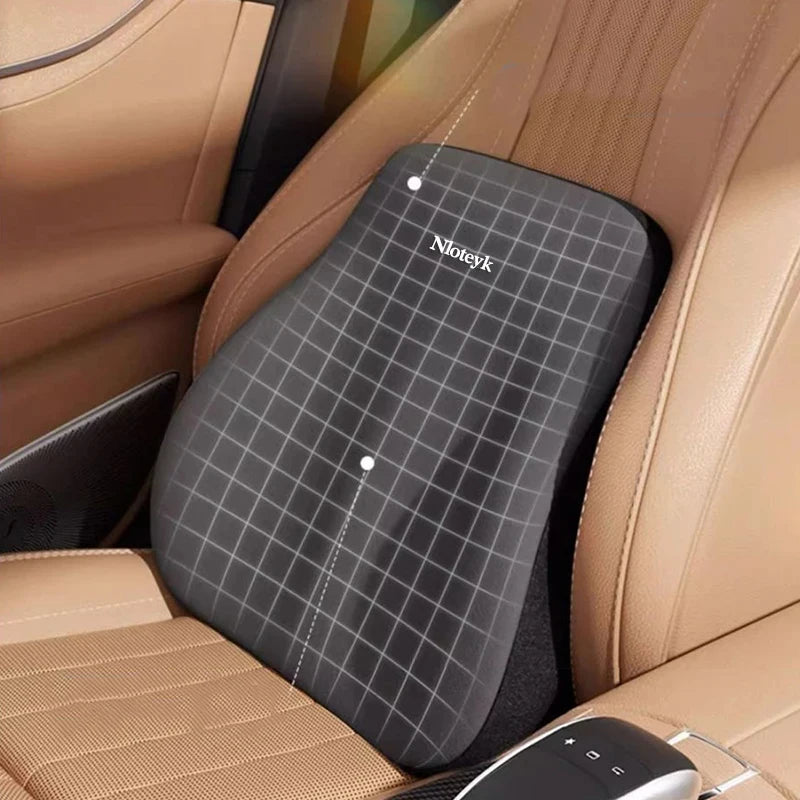 Ergonomic back support cushion with grid pattern on a tan car seat, designed for posture correction.