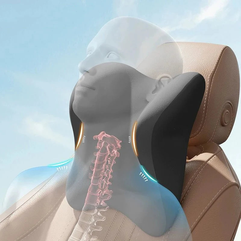 Ergonomic neck support pillow on car seat with human illustration showing spine alignment