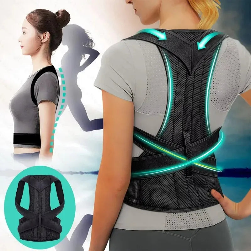 Woman wearing adjustable black posture corrector, highlighting back support and alignment improvement.
