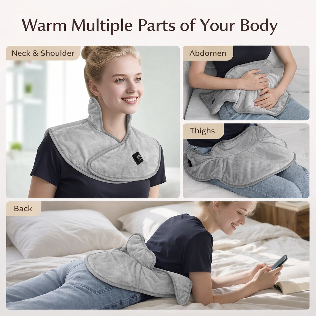 Woman using a versatile heating pad on neck, shoulders, abdomen, back, and thighs.