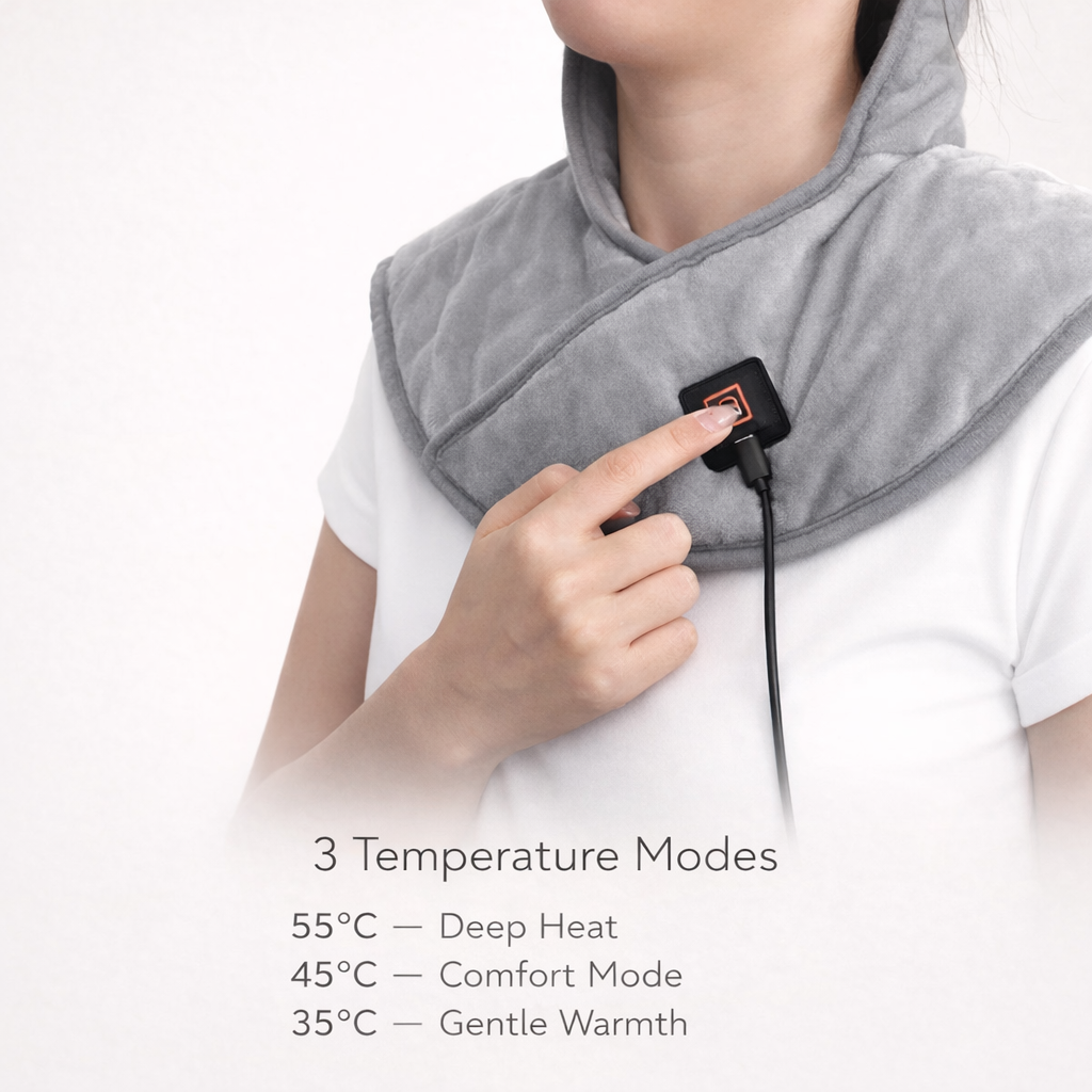 Woman wearing a grey heated neck wrap, adjusting temperature settings for posture support