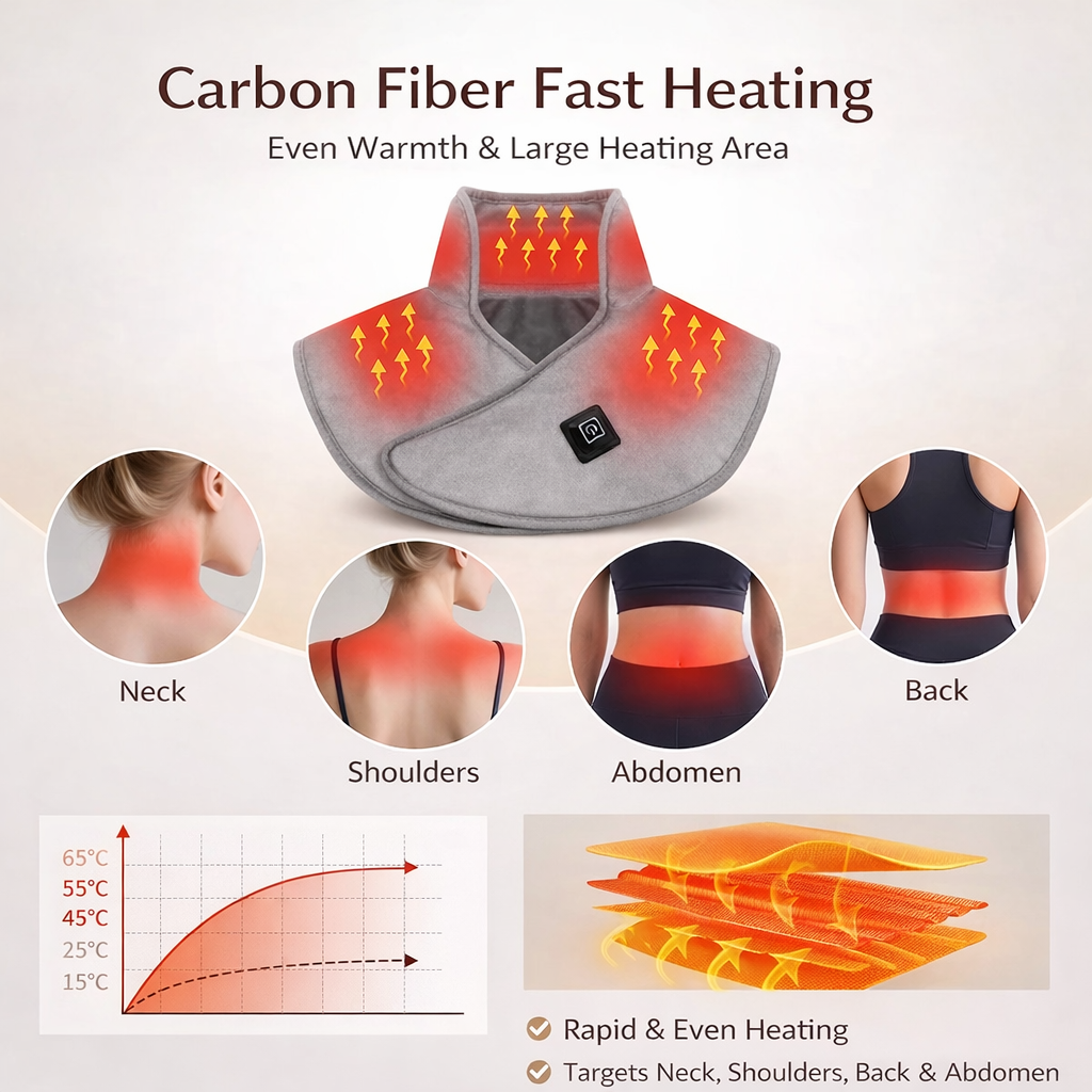 Carbon fiber heating pad for neck, shoulders, back, and abdomen with fast, even warmth.