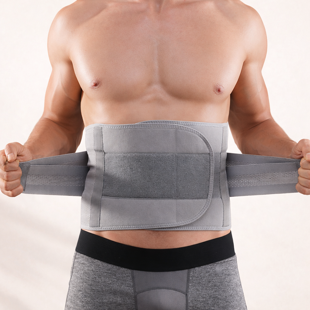 Man wearing an adjustable gray posture corrector belt for back support