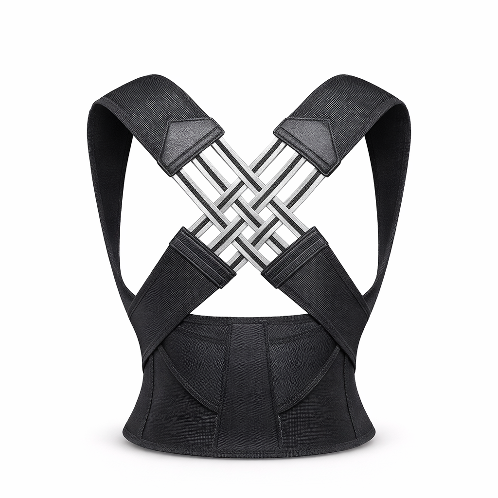 Adjustable black posture corrector with crisscross back support straps on white background.
