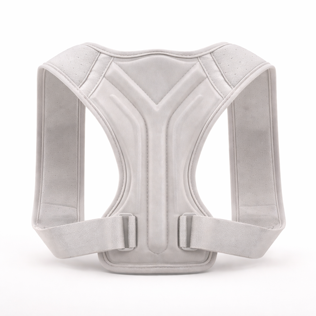 Adjustable light gray posture corrector with padded straps on white background