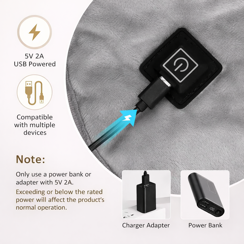 USB power connection on a gray fabric device, showing 5V 2A compatibility and charger options
