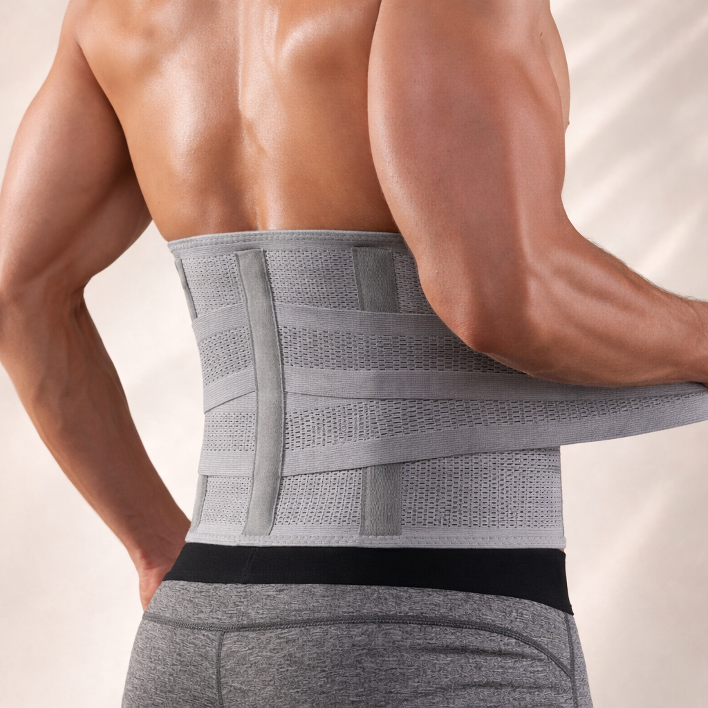 Man wearing a gray adjustable posture corrector belt for back support