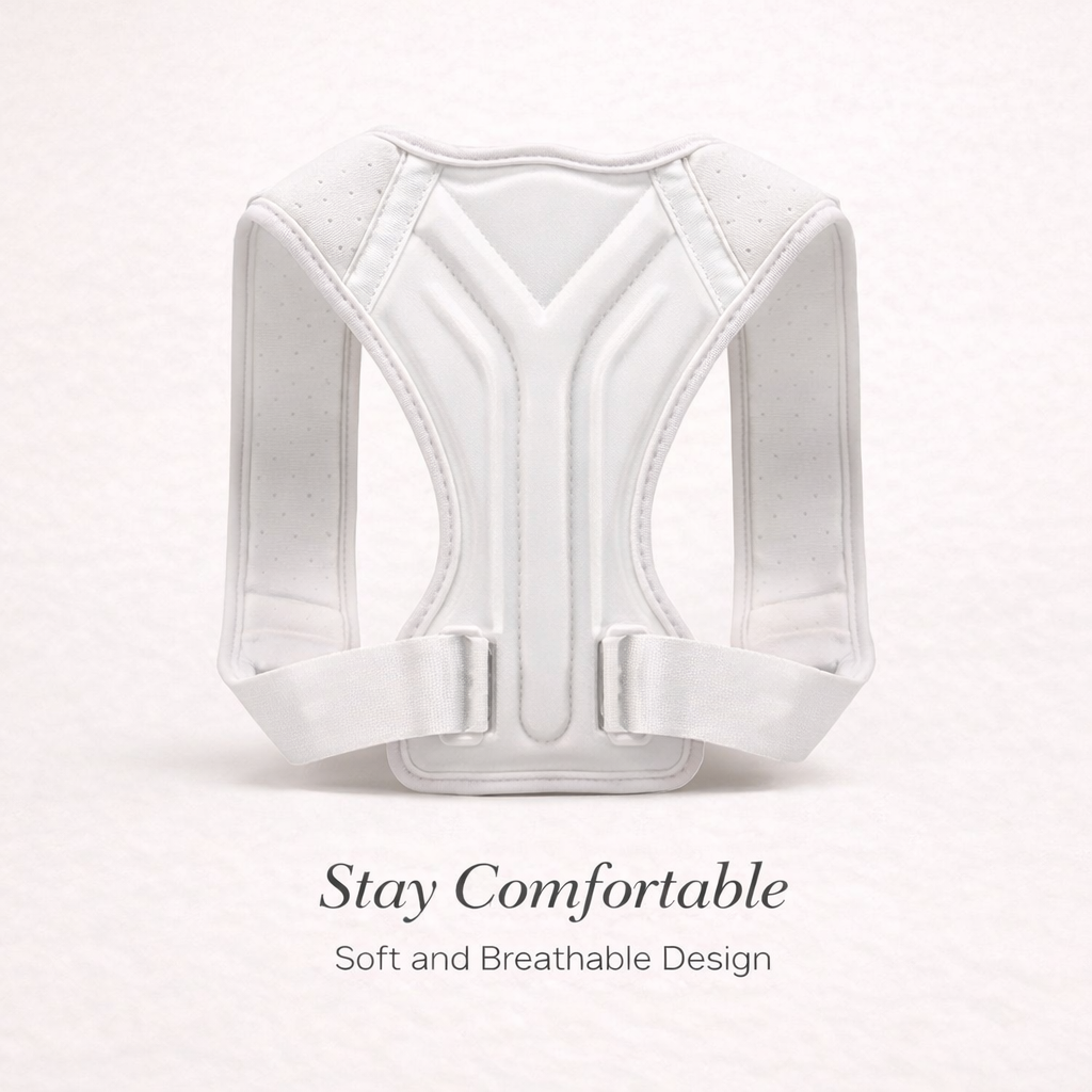 White posture corrector with adjustable straps and breathable, soft design on a light background