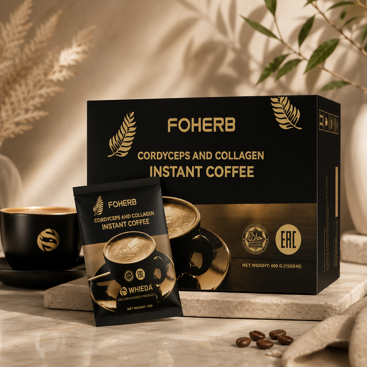 Collagen & Cordyceps Coffee – Functional Instant Coffee (40 sachets) by Fohow