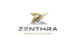 Metallic gold and silver Z logo with text 'ZENTHRA Premium Posture' on a gray background