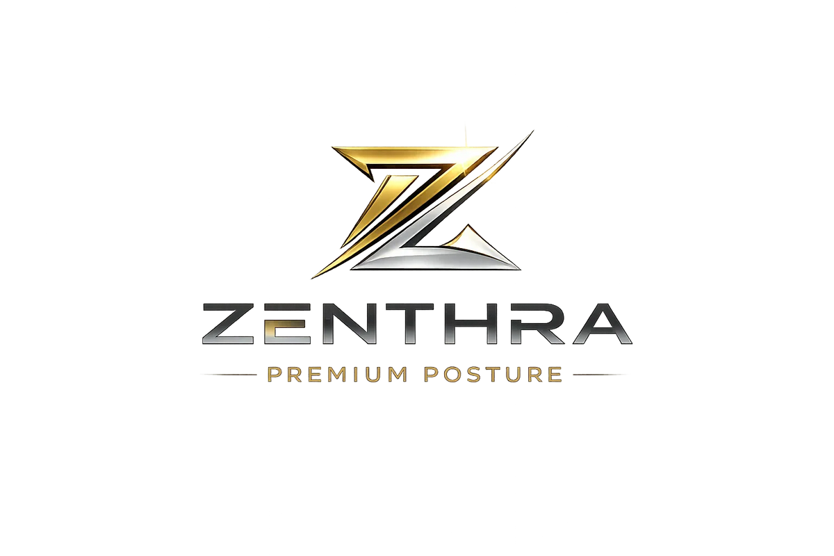 Metallic gold and silver Z logo with text 'ZENTHRA Premium Posture' on a gray background