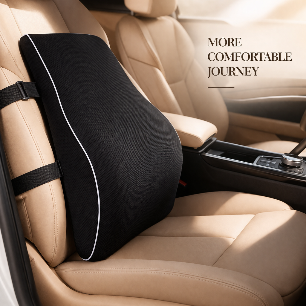 Lumbar support cushion for car seat with black cover on beige leather interior