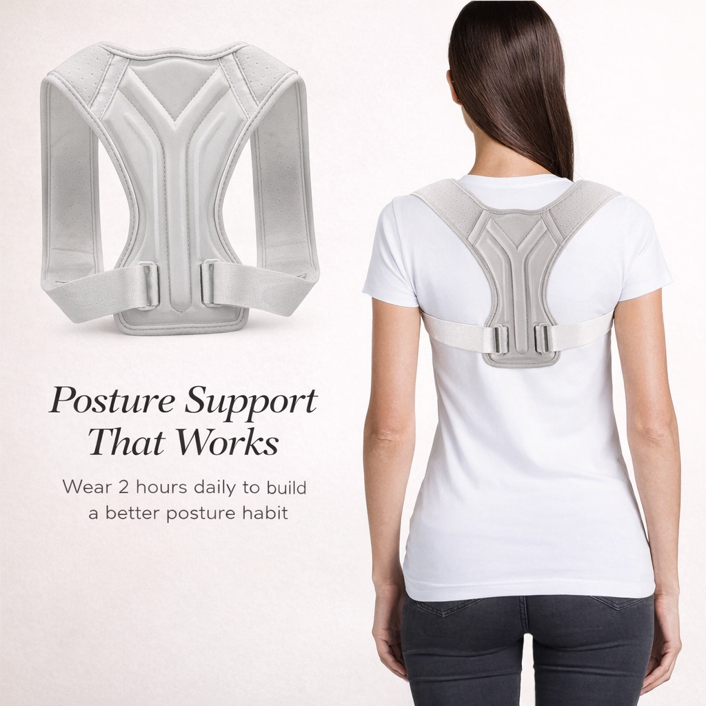 Adjustable posture corrector worn by woman and shown separately, ideal for back alignment support.