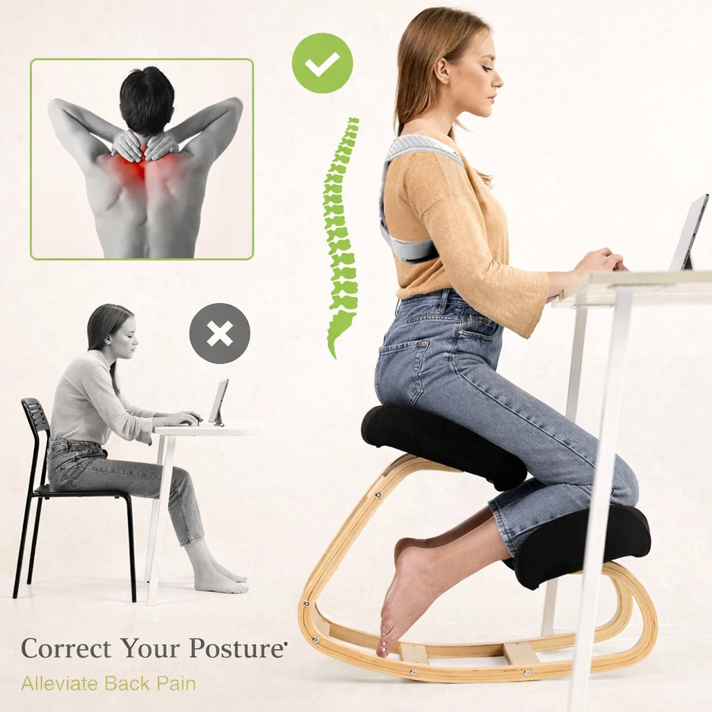 Woman using a posture corrector and ergonomic kneeling chair at desk, promoting spinal alignment